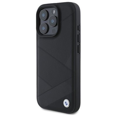 BMW Sign Leather Crossing Lines Pattern iPhone 16 Pro Max Case - Black
