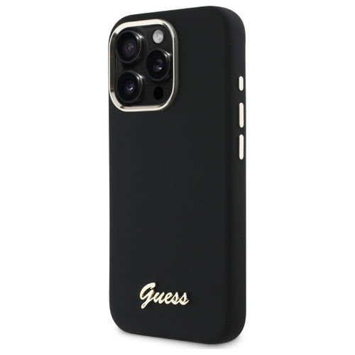 Guess Silicone Script Metal Logo &amp; Frame Case for iPhone 16 Pro - Black