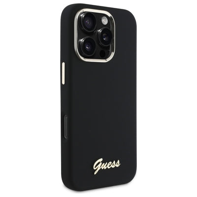 Guess Silicone Script Metal Logo &amp; Frame Case for iPhone 16 Pro - Black
