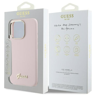 Guess Silicone Script Metal Logo &amp; Frame iPhone 16 Pro Case - Pink