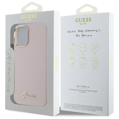 Guess Silicone Script Metal Logo &amp; Frame iPhone 16 Plus Case - Pink