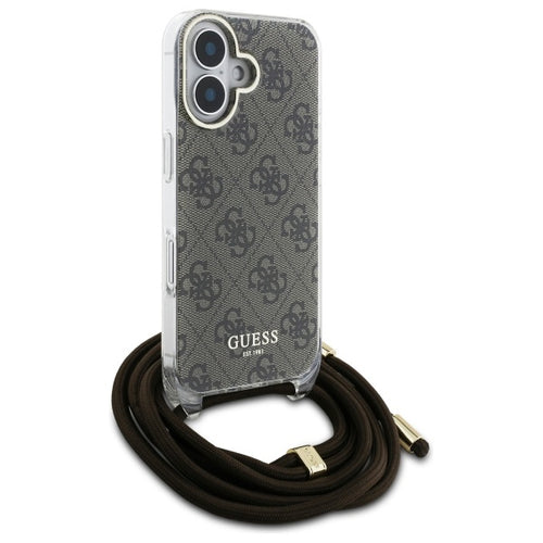 Guess Crossbody Cord 4G Print Case with Lanyard for iPhone 16 - Brown