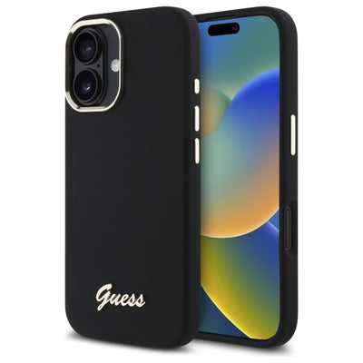 Guess Silicone Script Metal Logo &amp; Frame Case for iPhone 16 - Black