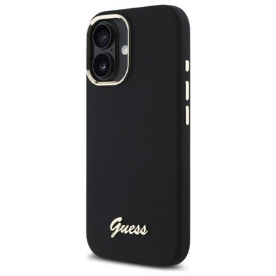 Guess Silicone Script Metal Logo &amp; Frame Case for iPhone 16 - Black