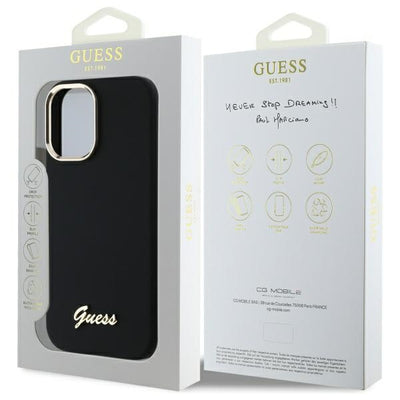 Guess Silicone Script Metal Logo &amp; Frame Case for iPhone 16 - Black
