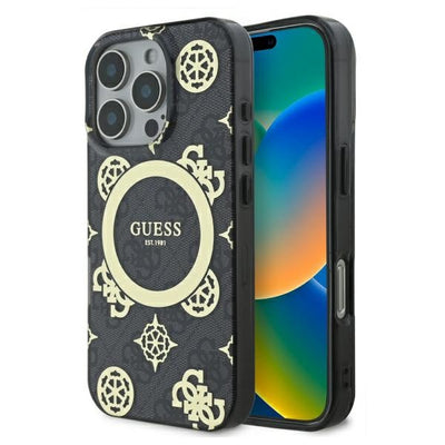 Guess IML Peony On 4G Background MagSafe Case for iPhone 16 Pro Max - Black