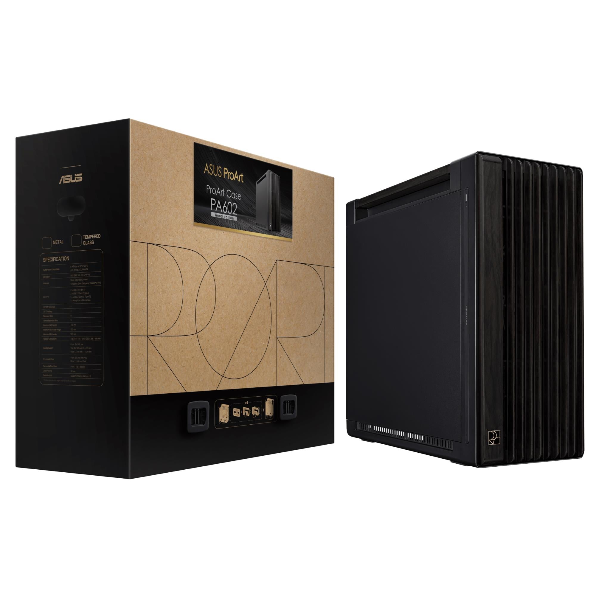 Case ASUS ProArt PA602 Wood Edition - Metal Panel MidiTower Case product features Fan control panel Not included Colour Black PROARTPA602WOODMETAL