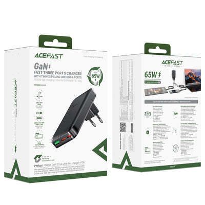 Acefast A100 65W GaN 2 USB-C+ USB-A Charger Ultra Slim - Black