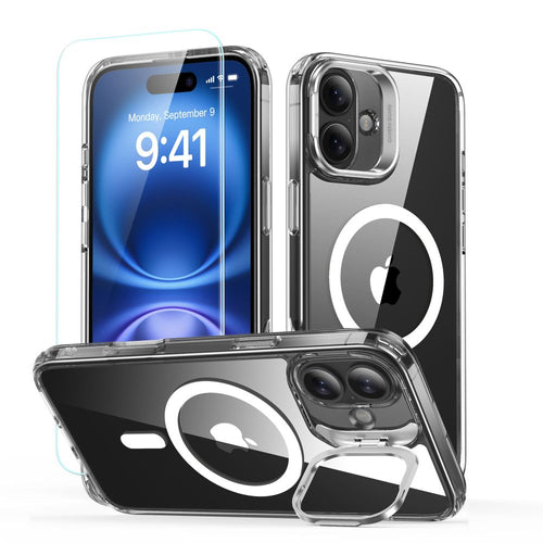 ESR Classic Hybrid Kickstand Halolock MagSafe Case Set + Tempered Glass for iPhone 16 - Clear