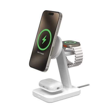 ZAGG Mophie Snap+ 3-in-1 Qi2 Wireless Charger Stand for Three Devices Compatible with MagSafe and Qi2 - White