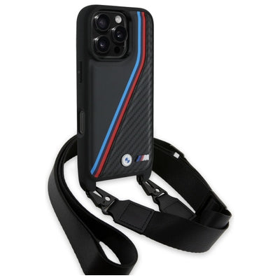 BMW M Edition Carbon Tricolor Lines &amp; Strap Case for iPhone 16 Pro - Black