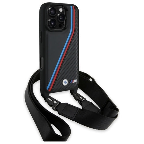 BMW M Edition Carbon Tricolor Lines &amp; Strap Case for iPhone 16 Pro - Black