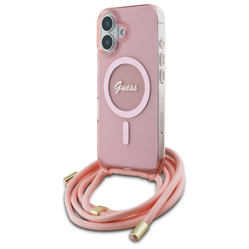 Guess Crossbody Cord Script MagSafe iPhone 16 Case - Pink