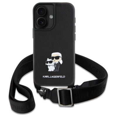 Karl Lagerfeld Saffiano Karl&amp;Choupette Metal Pin CBDY Strap iPhone 16 Case - Black