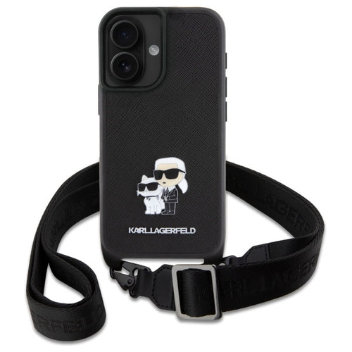 Karl Lagerfeld Saffiano Karl&amp;Choupette Metal Pin CBDY Strap iPhone 16 Case - Black