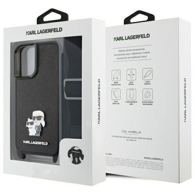 Karl Lagerfeld Saffiano Karl&amp;Choupette Metal Pin CBDY Strap iPhone 16 Case - Black