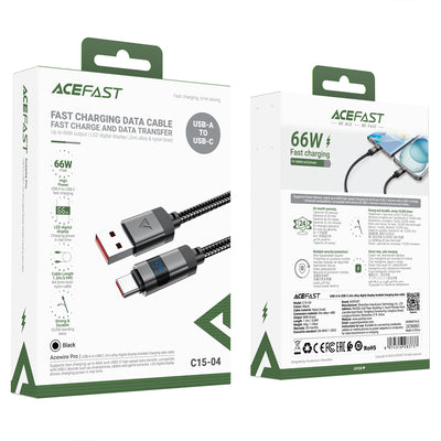 Acefast C15-04 USB-A - USB-C Cable with Display 480Mb/s 66W 1.2m - Black