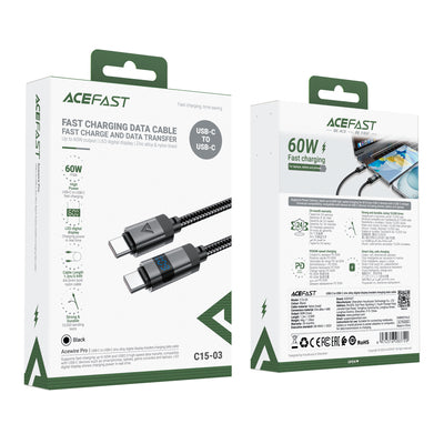 Acefast C15-03 USB-C - USB-C Cable with Display 480Mb/s 60W 1.2m - Black