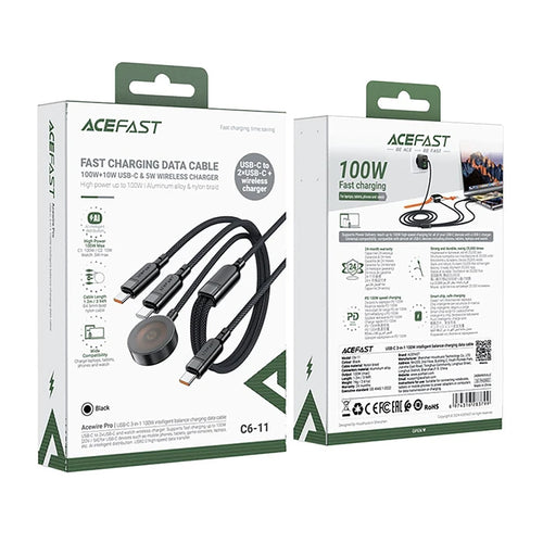 Acefast C6-11 USB-C 3in1 Cable - 2x USB-C / Qi 480Mb/s 100W 1.2m - black