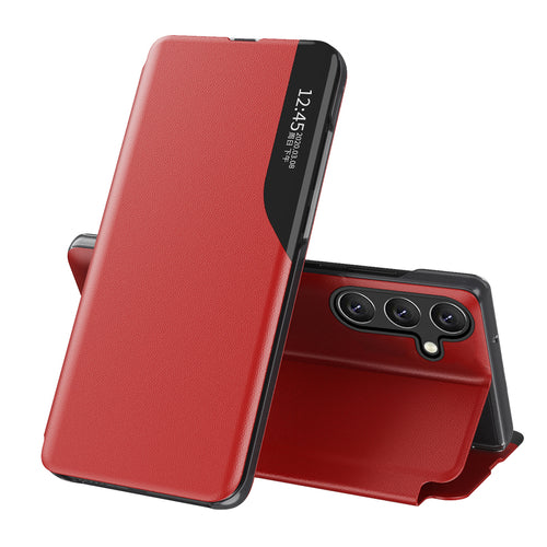Eco Leather View Case for Samsung Galaxy S25+ with flap and stand - red — Hurtel