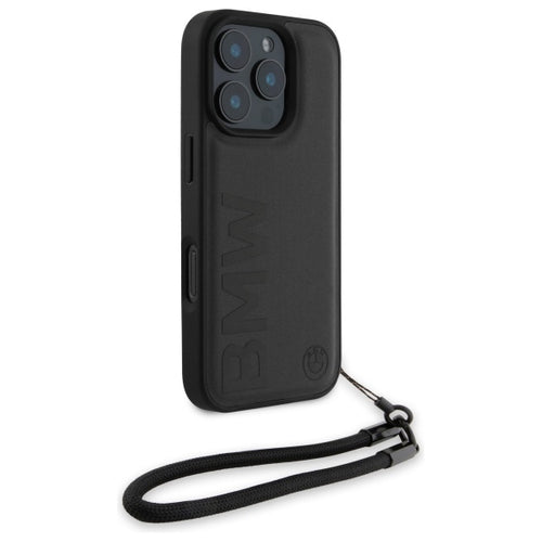 BMW Signature Leather Wordmark Cord Case for iPhone 16 Pro Max - Black
