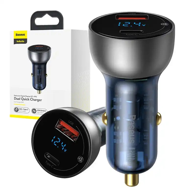 Dual Quick Charger Car Charger Baseus Particular Digital Display QC+PPS 65W (Silver) - Product Image 9