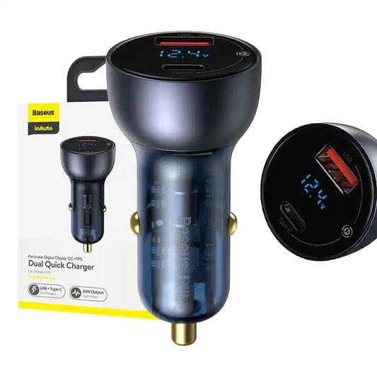 Baseus Particular Digital Display car charger with display, USB + USB-C, QC3.0+PD, 5A, 65W (gray) - Product Image 1