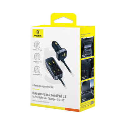 Baseus BackseatPal L1 110W Car Charger 3 x USB-A + 3 x USB-C with 1.5m Extension Cable - Black