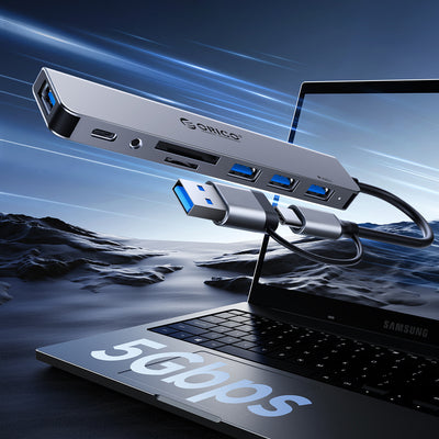 Orico YSA8-U3 USB-A/USB-C Hub Docking Station 3x USB-A 2.0 + 1x USB-A 3.0 + 1x USB-C 2.0 + 1x 3.5mm Audio + 2x TF&amp;SD - Gr