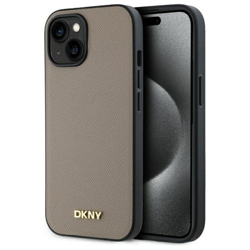 DKNY Grained Metal Logo MagSafe iPhone 15 Case - Beige