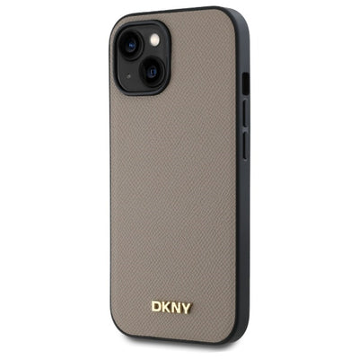 DKNY Grained Metal Logo MagSafe iPhone 15 Case - Beige