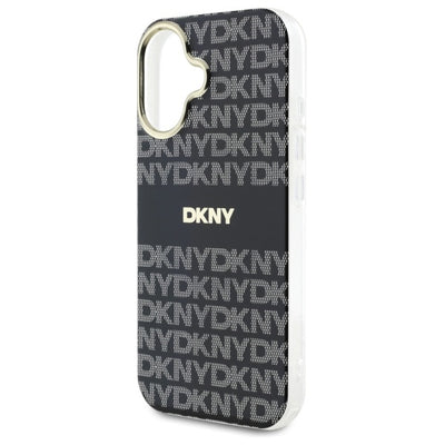 DKNY Repeat Texture Pattern With Stripe iPhone 16 Case - Black