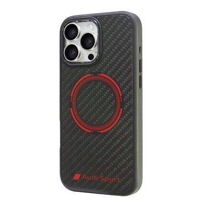 Audi Carbon Fiber Sport Red Circle MagSafe Case for iPhone 16 Pro Max 6.9" - Black