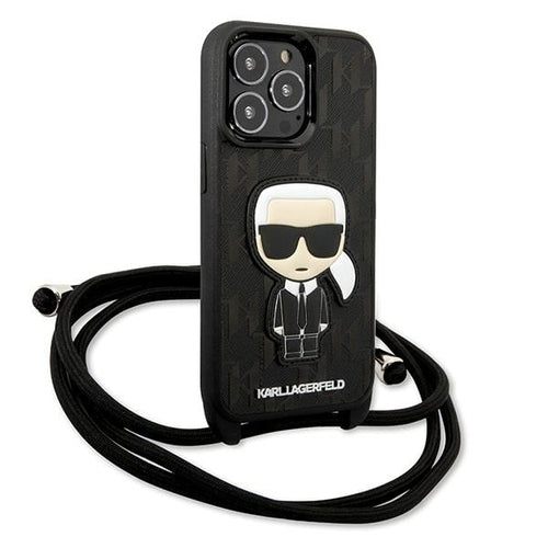 Karl Lagerfeld Leather Monogram Patch and Cord Iconik Case for iPhone 13 Pro / 13 - Black