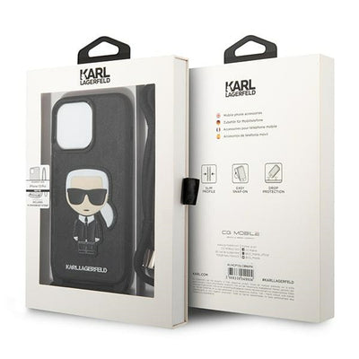 Karl Lagerfeld Leather Monogram Patch and Cord Iconik Case for iPhone 13 Pro / 13 - Black