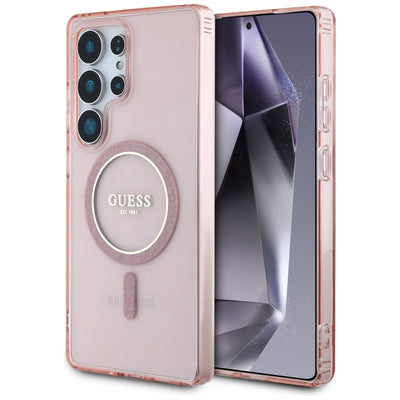Guess Glitter Circle Classic Logo MagSafe case for Samsung Galaxy S25 Ultra - pink