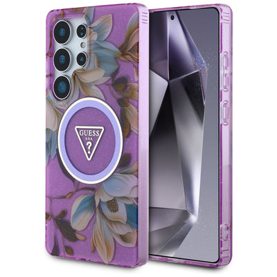 Guess Glitter Flowers Triangle Buttons MagSafe case for Samsung Galaxy S25 Ultra - purple