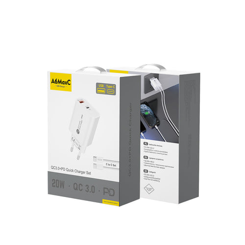 A6MaxL 20W USB-A USB-C wall charger with USB-C - USB-C 1m cable - white — Hurtel