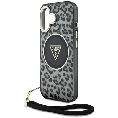 Guess HC IML Leopard Triangle Cord Strap MagSafe case for iPhone 16 - black