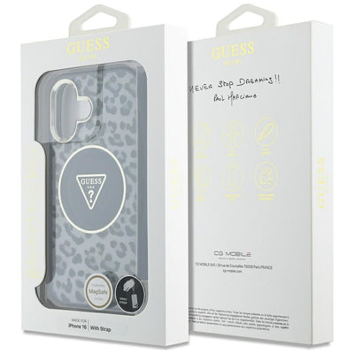 Guess HC IML Leopard Triangle Cord Strap MagSafe case for iPhone 16 - black