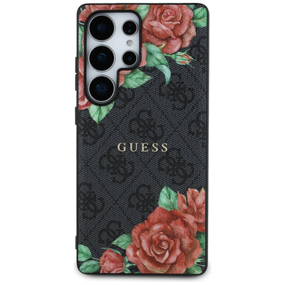 Guess Leather 4G Flowers Print Metal Classic Logo MagSafe Case for Samsung Galaxy S25 Ultra - Black