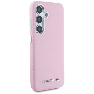 Karl Lagerfeld Saffiano Full Wrapped Elongated Metal Logo MagSafe Case for Samsung Galaxy S25 - Pink