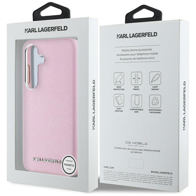 Karl Lagerfeld Saffiano Full Wrapped Elongated Metal Logo MagSafe Case for Samsung Galaxy S25 - Pink