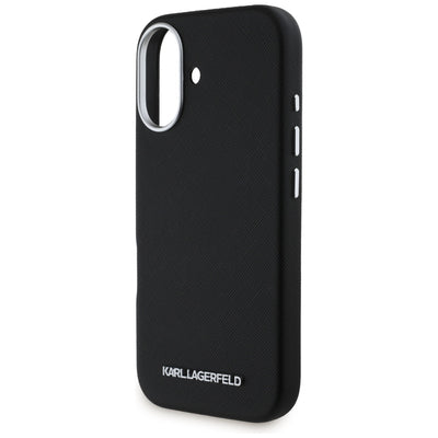 Karl Lagerfeld Saffiano Full Wrapped Elongated Metal Logo MagSafe Case for iPhone 16 - Black