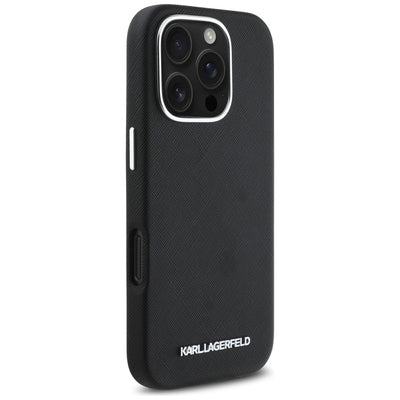 Karl Lagerfeld Saffiano Full Wrapped Elongated Metal Logo MagSafe iPhone 16 Pro Case - Black
