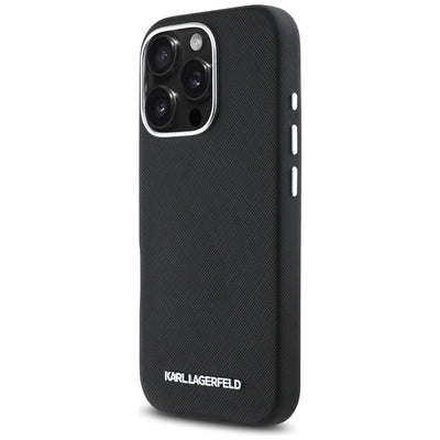 Karl Lagerfeld Saffiano Full Wrapped Elongated Metal Logo MagSafe Case for iPhone 16 Pro Max - Black