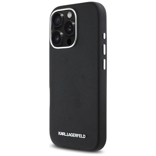 Karl Lagerfeld Saffiano Full Wrapped Elongated Metal Logo MagSafe Case for iPhone 16 Pro Max - Black