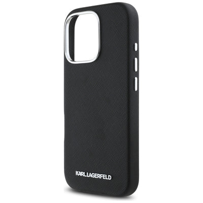 Karl Lagerfeld Saffiano Full Wrapped Elongated Metal Logo MagSafe Case for iPhone 16 Pro Max - Black