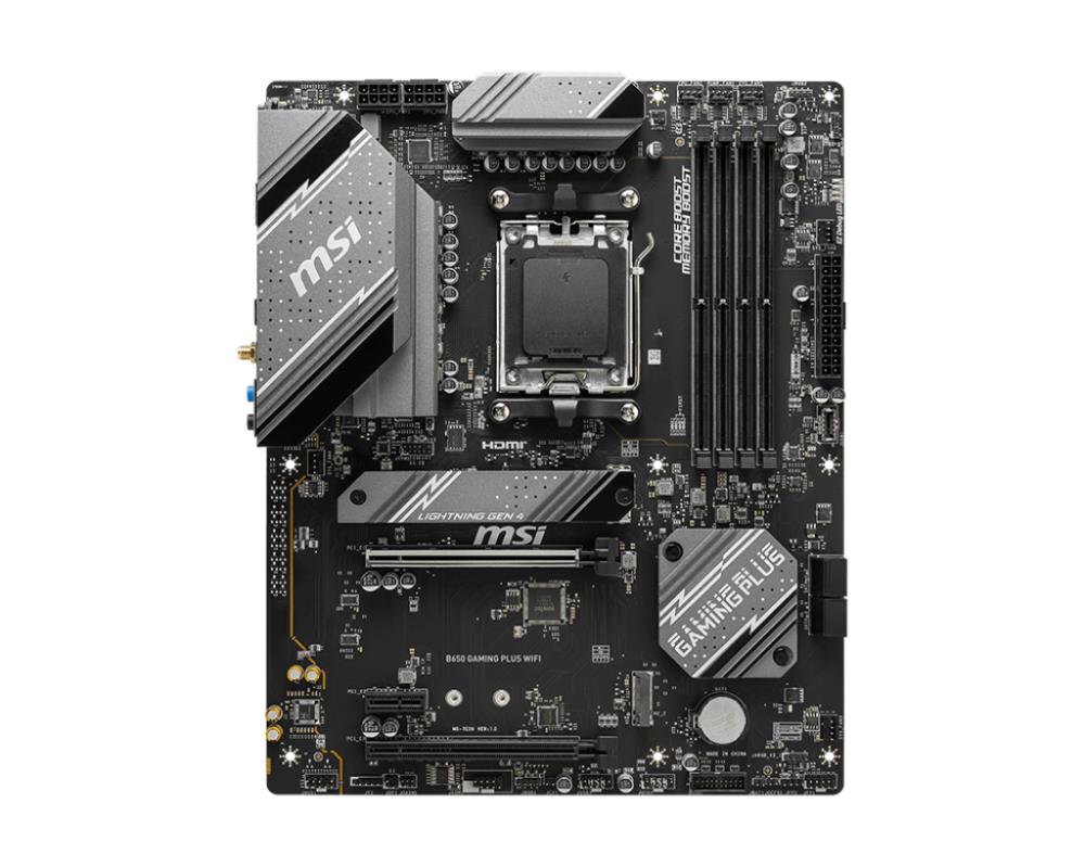 Mainboard MSI AMD B650 SAM5 ATX Memory DDR5 Memory slots 4 2xPCI-Express 1x 2xPCI-Express 4.0 16x 2xM.2 1xHDMI 1xDisplayPort 7xUSB 3.2 1xUSB-C 1xRJ45 6xAudio port B650GAMINGPLUSWIFI