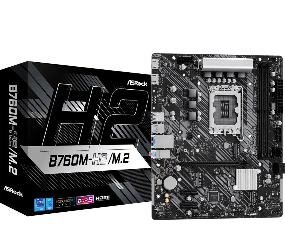 Mainboard ASROCK Intel B760 Express LGA1700 Micro-ATX Memory DDR5 Memory slots 2 2xPCI-Express 3.0 1x 1xPCI-Express 4.0 16x 3xM.2 2xHDMI 2xUSB 2.0 4xUSB 3.2 1xRJ45 3xAudio port B760M-H2/M.2